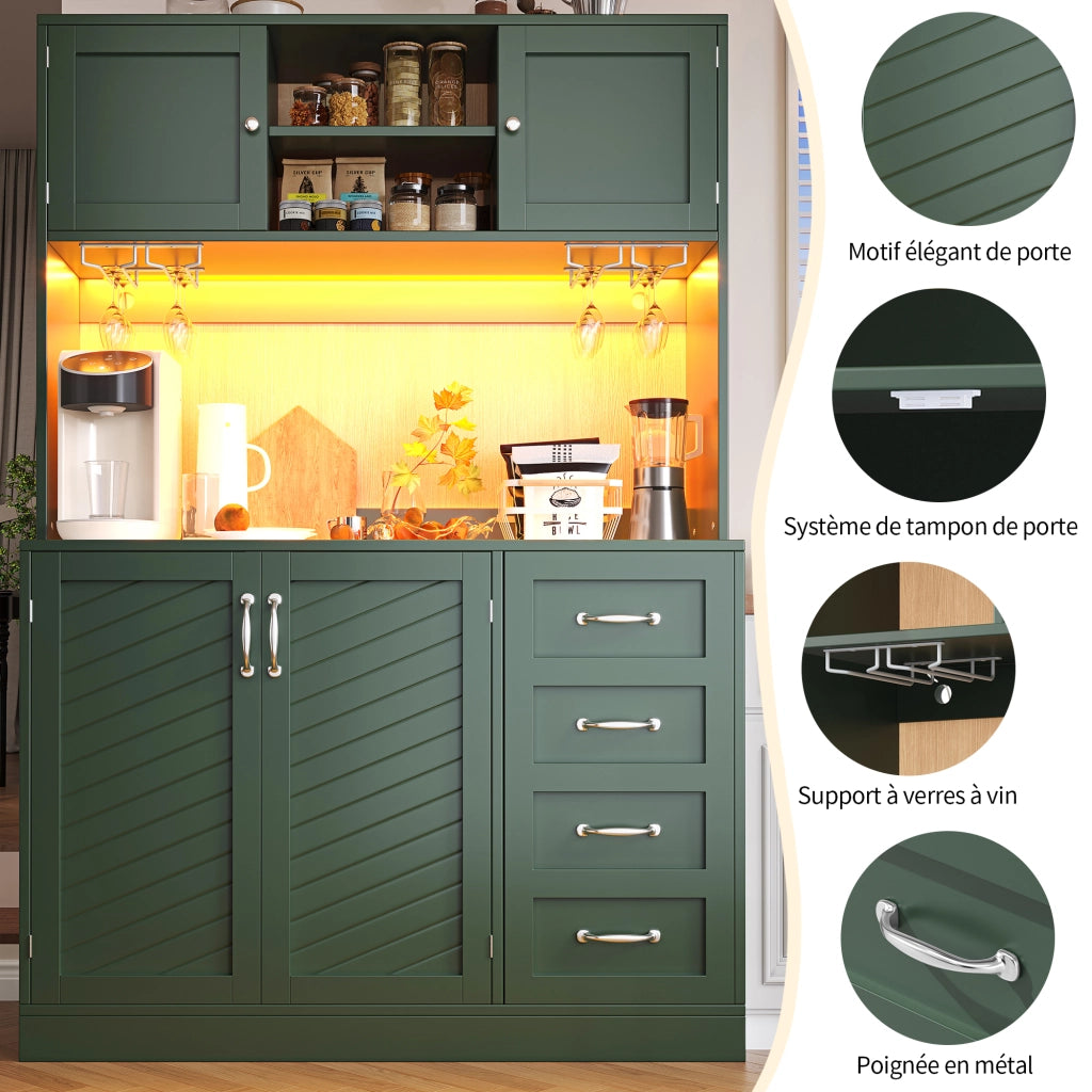 Credenza alta da cucina con 4 Ante e 2 Cassetti; LED e Portabibite; in MDF; 120 x 40 x 188 cm; Verde