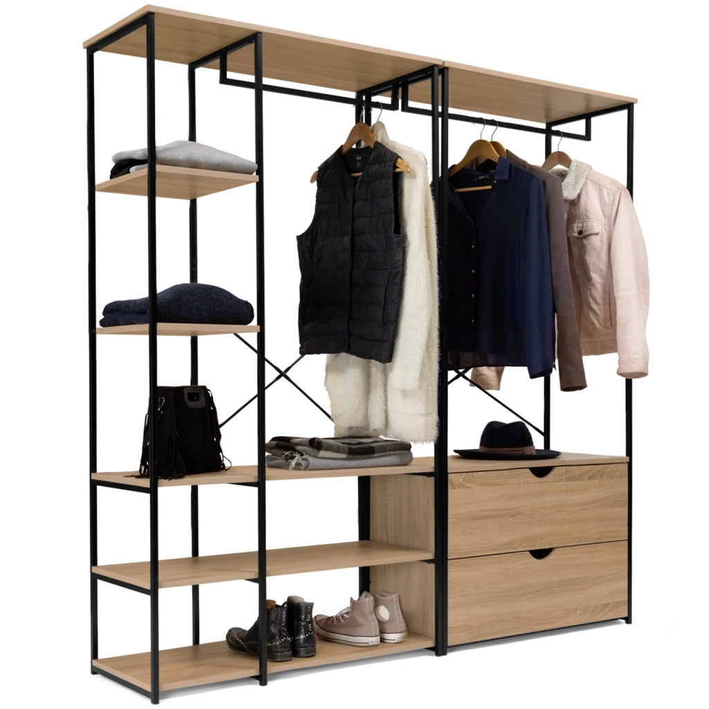 IDMarket - Armadio componibile con doppio guardaroba, ripiani e 2 cassetti L. 170 cm DETROIT design industriale