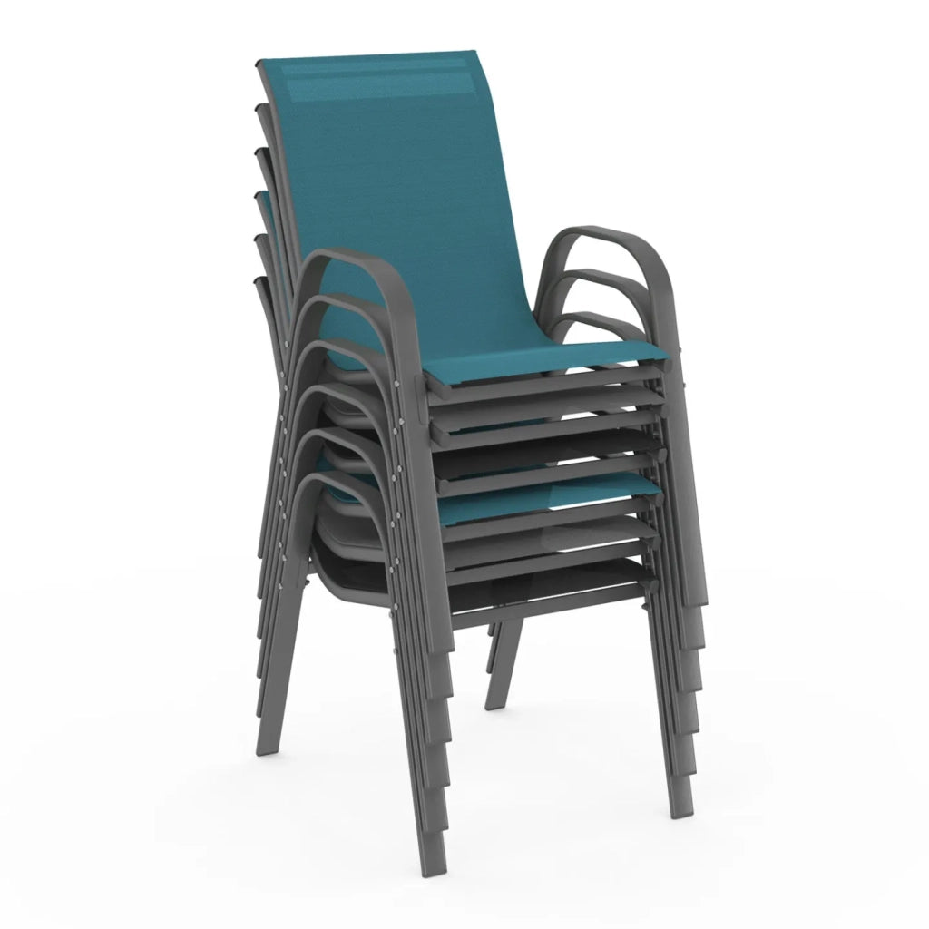 IDMarket - Set di 6 sedie impilabili in metallo e textilene grigio, nero, blu LYMA