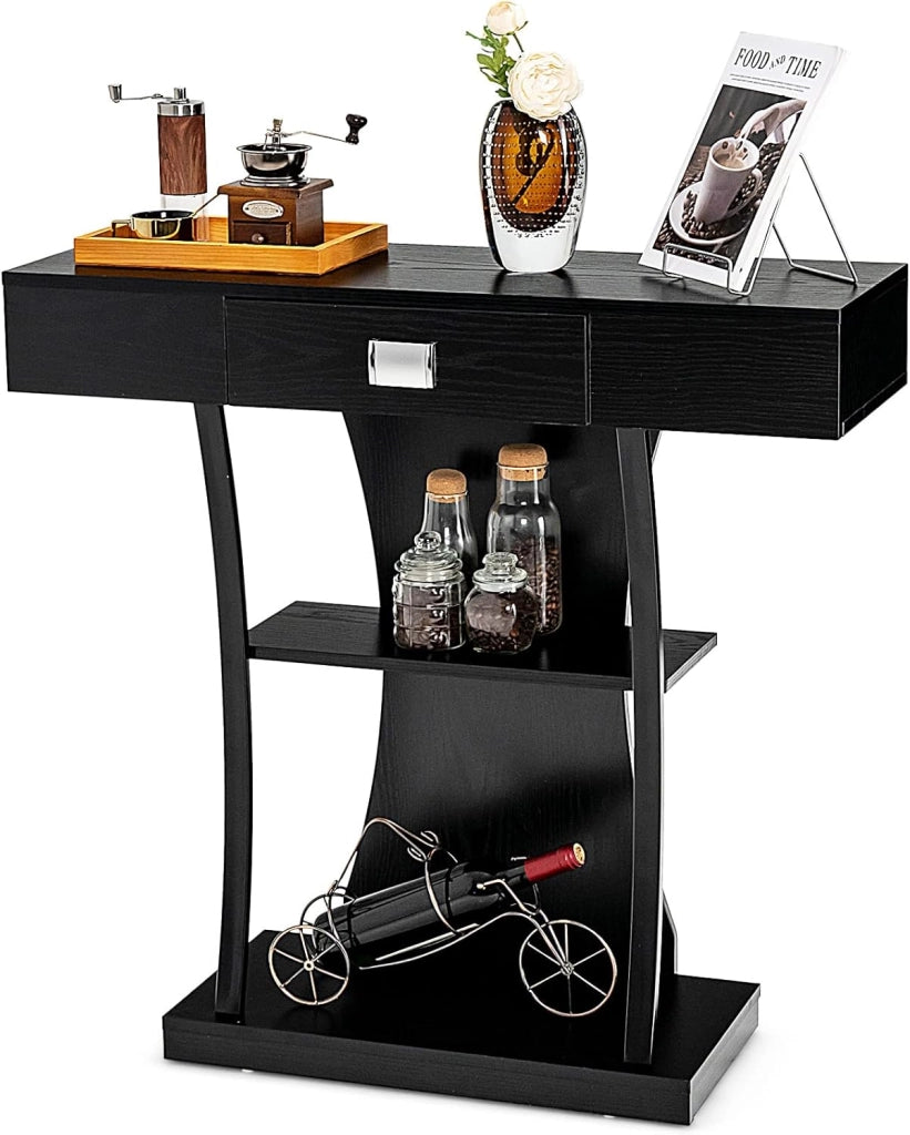Tavolo consolle in legno vintage con cassetti e 2 ripiani, tavolo da pavimento industriale con telaio in metallo, tavolino sottile con protezione antiribaltamento, 91 x 30 x 88 cm (nero)