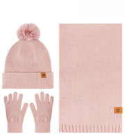 Set invernale per donne, cappello, scialle e guanti, tre pezzi, outdoor e soffice, rosa