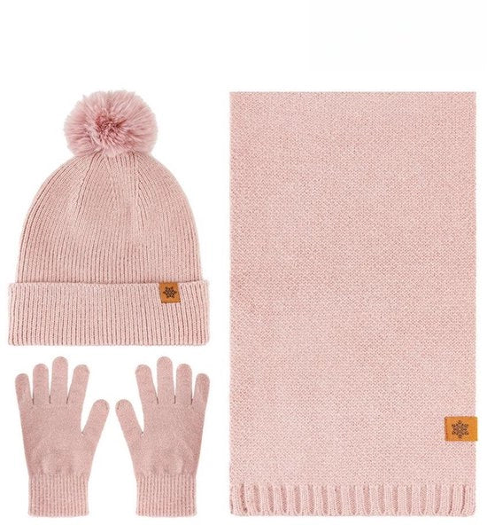 Set invernale per donne, cappello, scialle e guanti, tre pezzi, outdoor e soffice, rosa