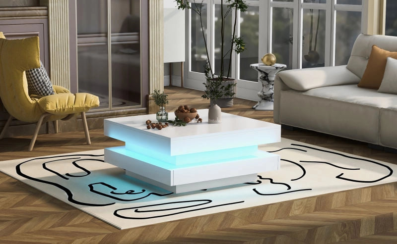 TAVOLO DA SALOTTO Quadrato 70x70x36 cm Bianco con LED Bluetooth APP