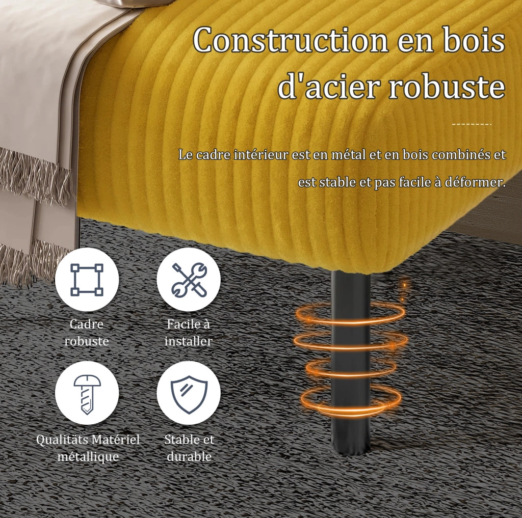 Divano a 2 posti in velluto a coste giallo 120 x 75 x 79 cm con tasca laterale e struttura in metallo