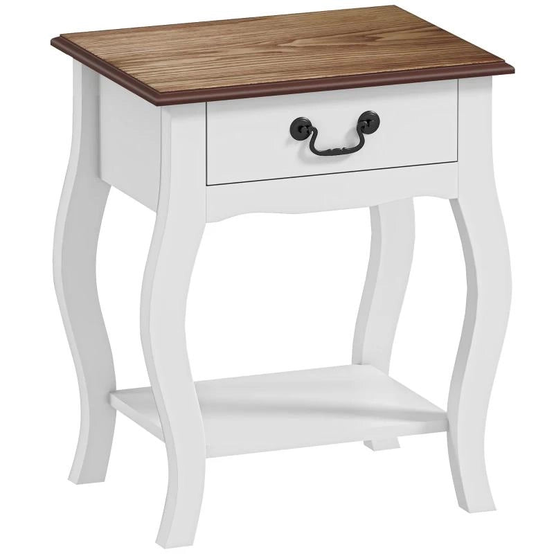 COMODINO CON CASSETTO E RIPIANO APERTO IN STILE FRANCESE IN LEGNO, 45X35X55 CM, BIANCO E ROVERE