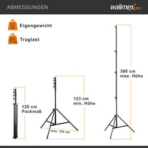 AIR 380 Deluxe Stativo per luci, altezza max 380 cm, cavalletto fotografico per flash con capacità di carico di 15 kg, treppiede per studi fotografici e outdoor