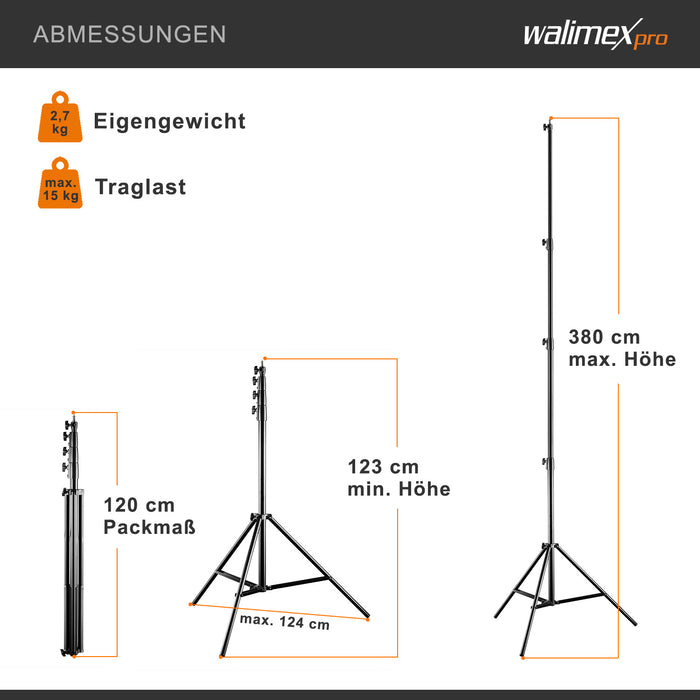 AIR 380 Deluxe Stativo per luci, altezza max 380 cm, cavalletto fotografico per flash con capacità di carico di 15 kg, treppiede per studi fotografici e outdoor