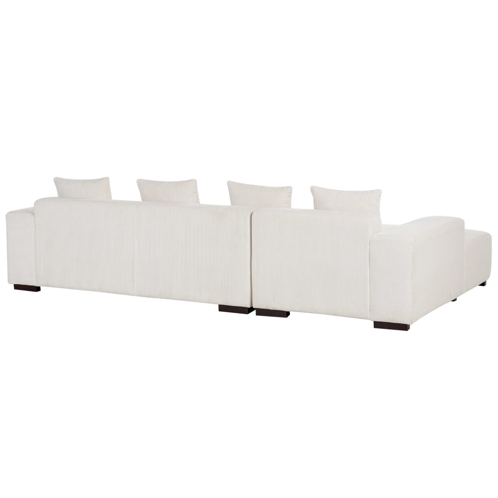 Divano angolare a L con cuscini 4 posti in velluto a coste bianco sporco con ottomana versione a destra stile elegante moderno