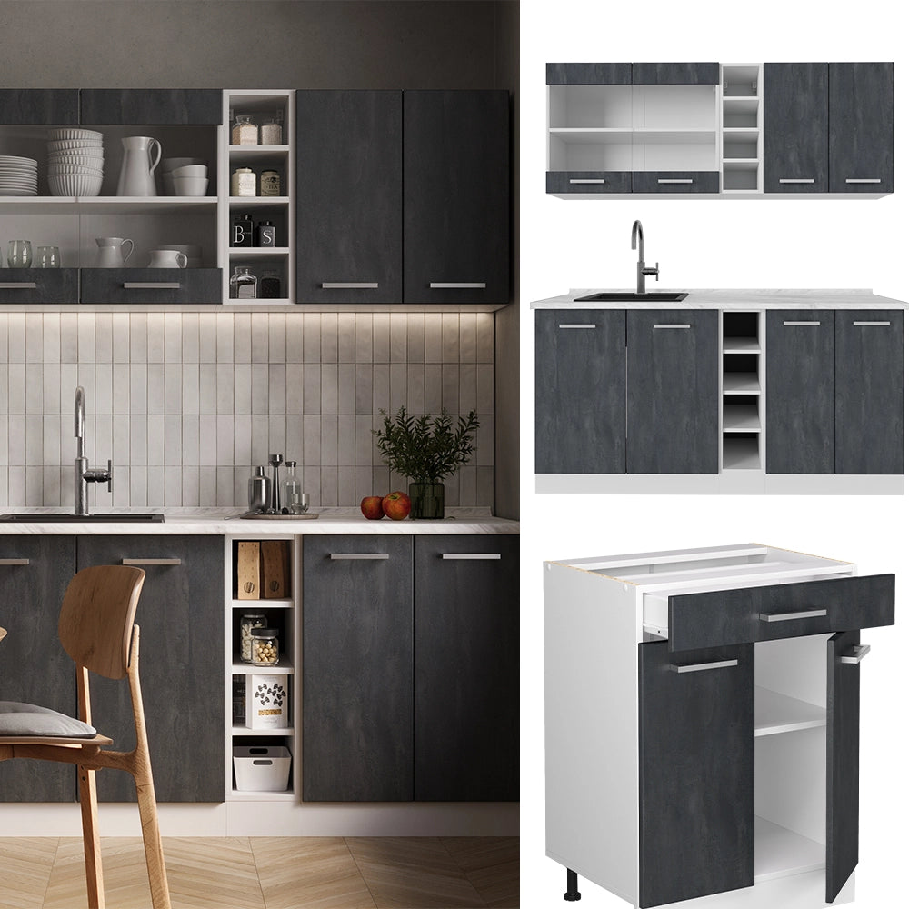Vicco Cucina completa Nero cemento/bianco 160 cm PL Marmo