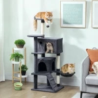 Albero per Gatti Alto 140 cm con 2 Casette, Lettino e Amaca per 2-3 Gatti, Rivestimento Peluche, Grigio
