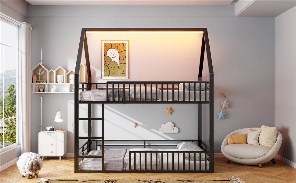 DESMIU Lit a castello bambini 140 × 200 cm con LED, sponda di sicurezza, senza materasso, in metallo, nero