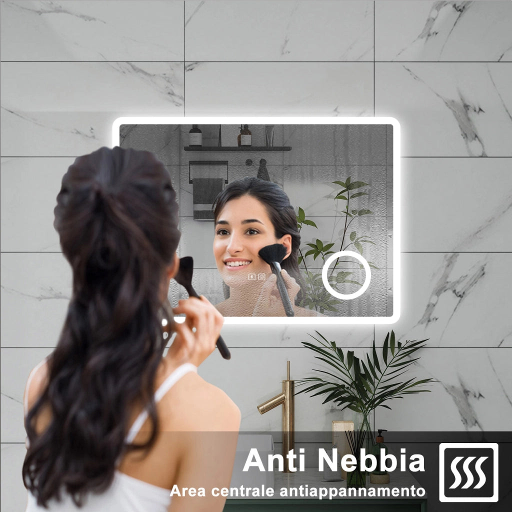AICA Specchio da bagno  60 x 80 cm, dimmerabile, Blue tooth, Funzione Memoria, antiappannamento, 3 colori, Magnificatore