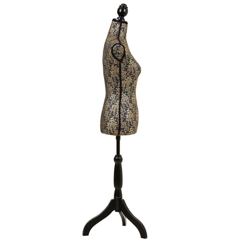 Manichino in legno e schiuma rivestito in tessuto oro 24x37,5x168h
