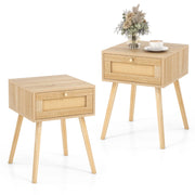 Set di 2 Comodini in rattan con decorazione intrecciata a mano-Tavolini da letto boho in legno stile mid-century Naturale
