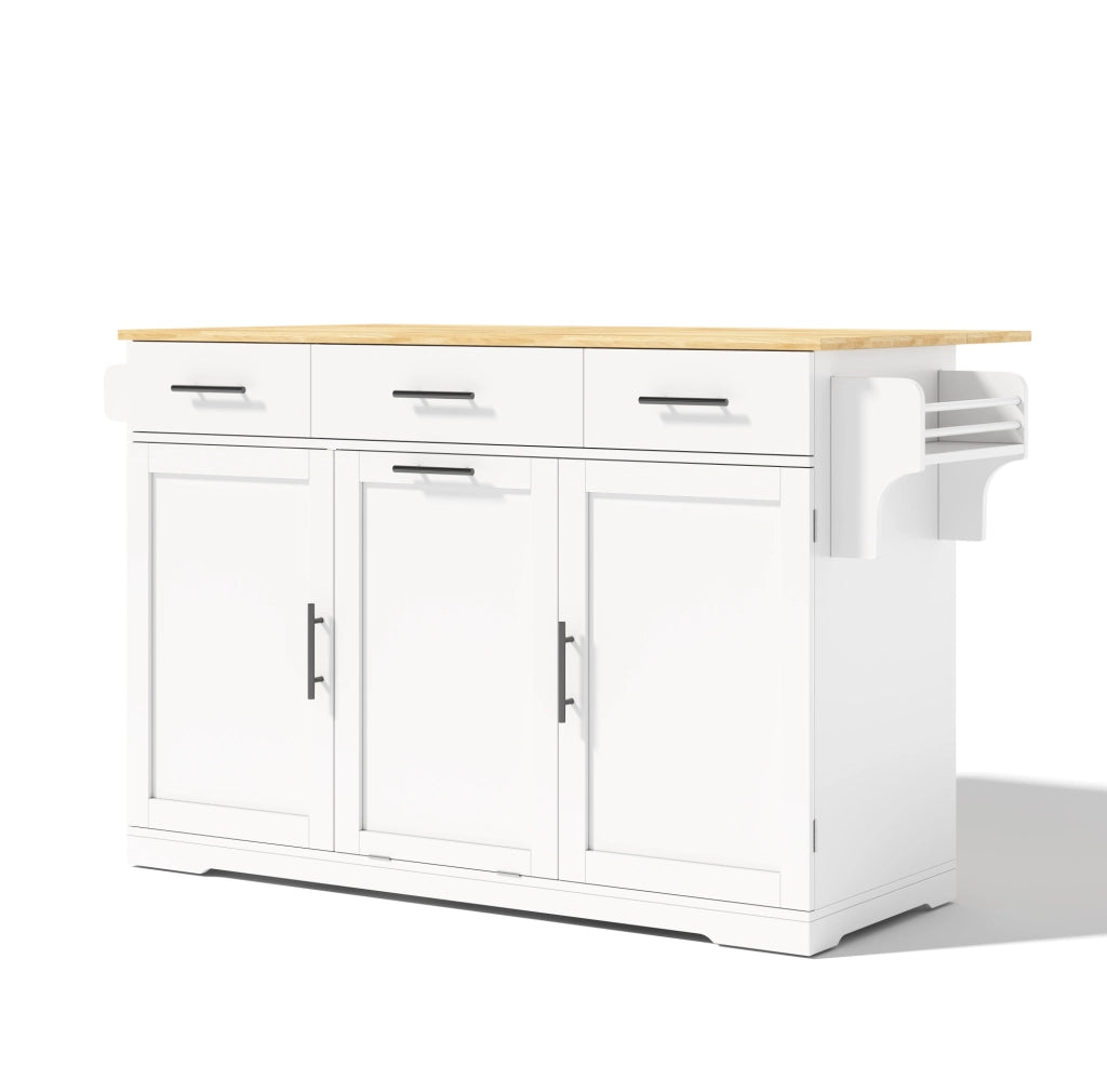 Isola da cucina mobile in MDF con 3 cassetti; vano rifiuti; prese USB e ruote; 136 × 50 (75) × 92 cm