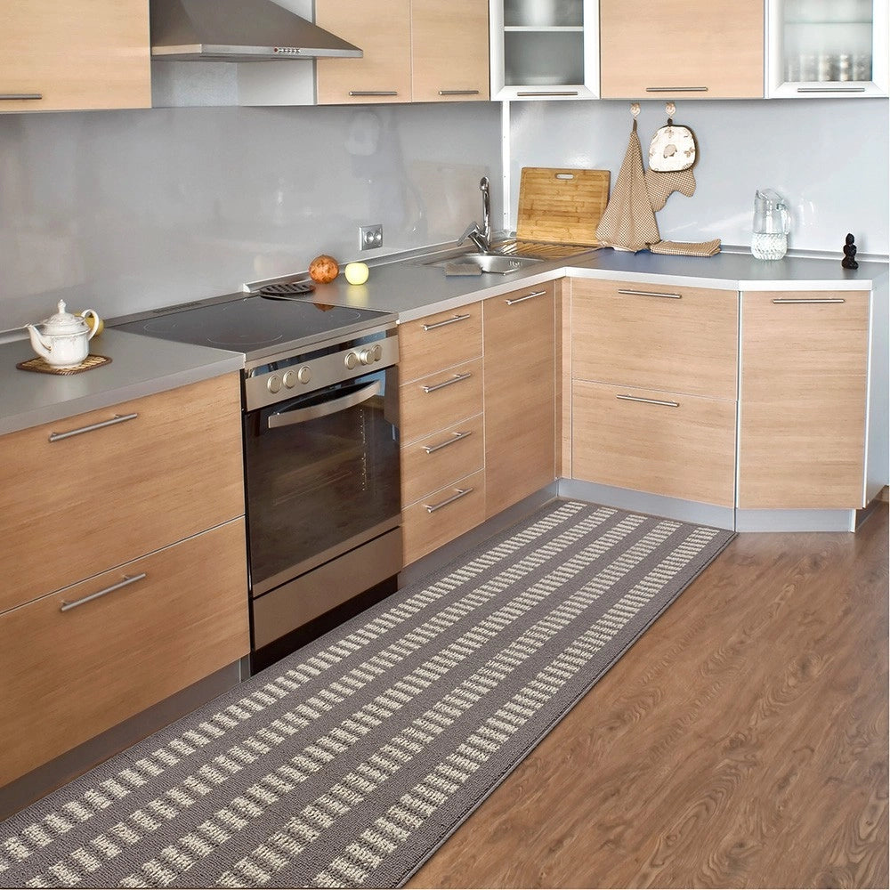 Tappeto Cucina Morbido 3D Assorbente Lavabile Antiscivolo Passatoia Bordata A Righe 57x270 Beige