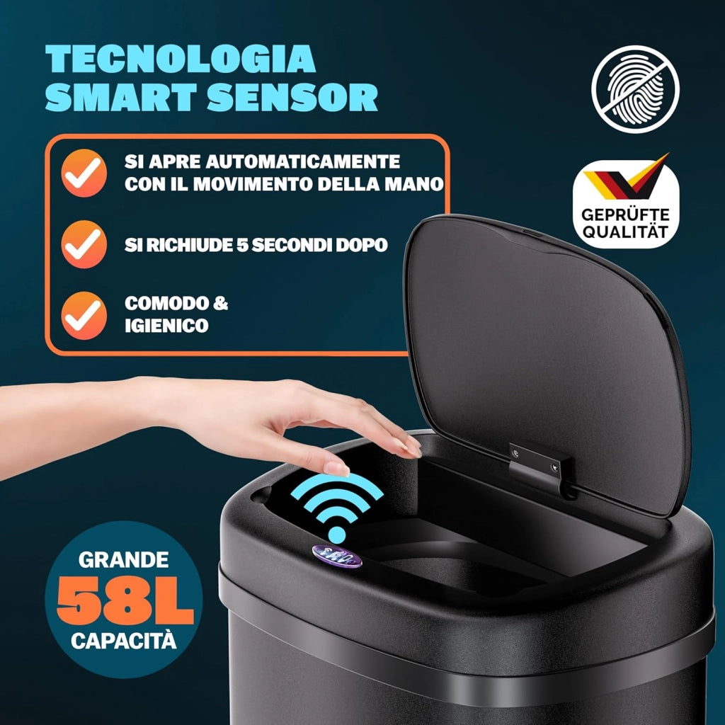 ® Cestino 58L con Sensore Automatico Movimento Display LED Pattumiera Rifiuti Smart Bidone Intelligente Cavo USB