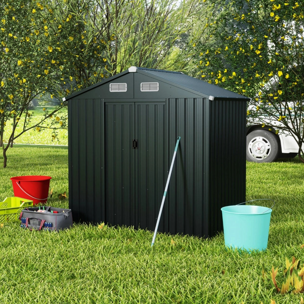 Casa per attrezzi con design a tetto inclinato ventilazione, Casetta da giardino 193x129x197cm Grigio scuro