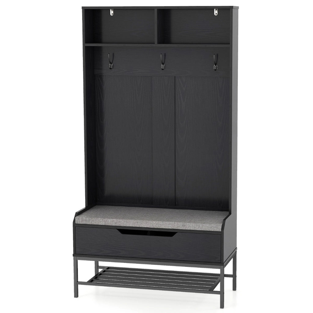 Appendiabiti da ingresso con cuscino per seduta e scomparti aperti, Appendiabiti 4-in-1 con stoccaggio per scarpe Nero-Appendiabiti