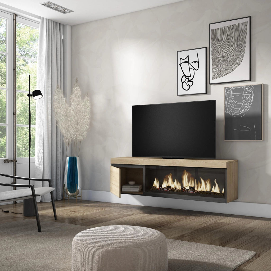 Mobile TV Soggiorno, 158x35x45cm, Per TV fino a 65", Camino elettrico XXL, da appendere, colore Rovere RF3254