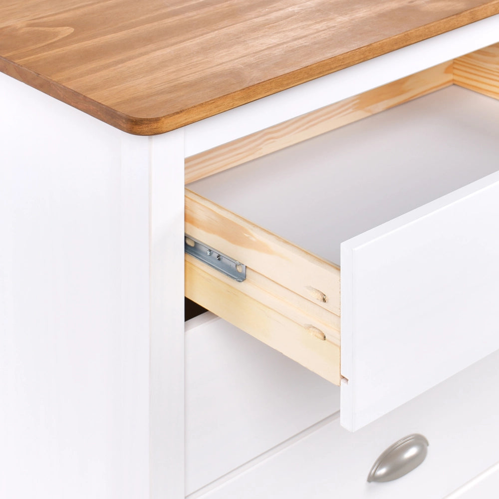 Credenza bianca a 2 ante e 4 cassetti, mobile contenitore in stile scandinavo con piano in legno