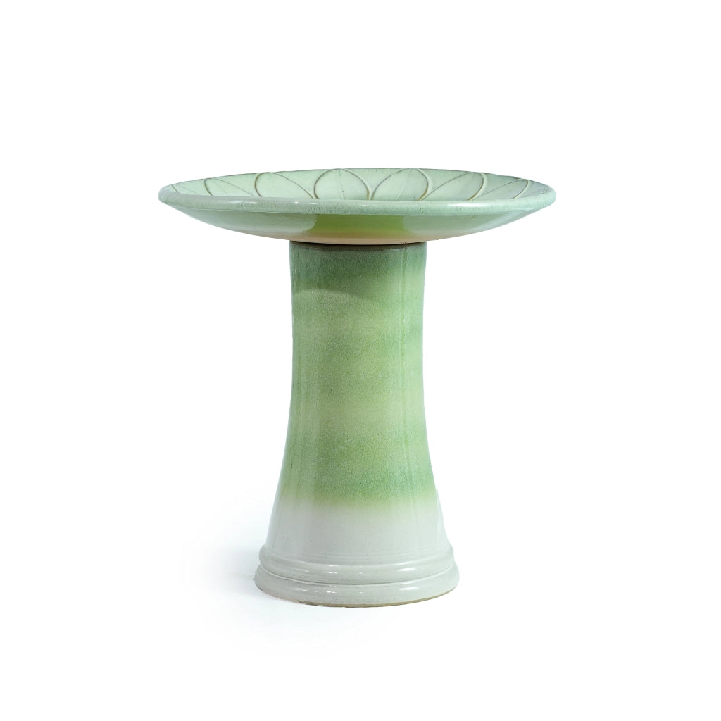 Fontana da giardino per uccelli con ciotola rialzata decorata a rilievo smaltata in ceramica verde Ø43 × 45 cm