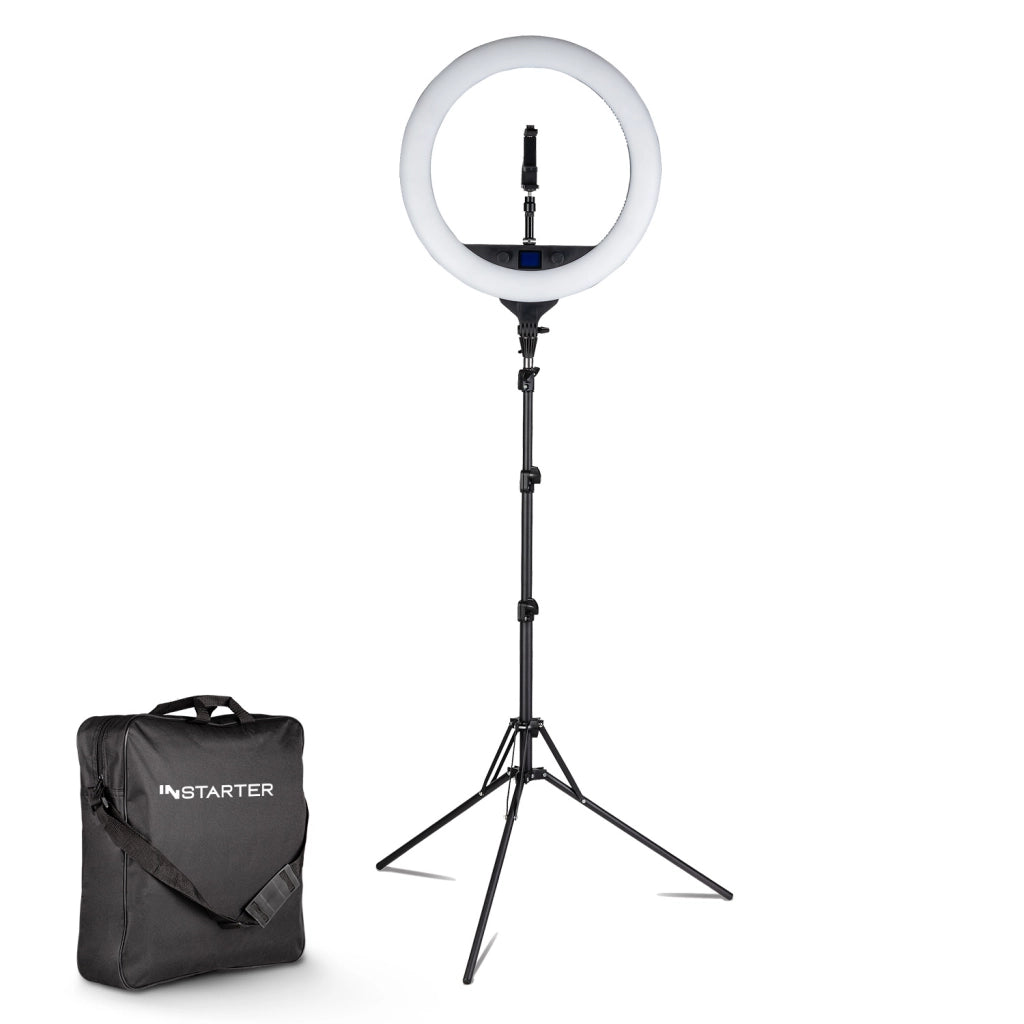 Instarter Ring light a LED con treppiedi, Luce ad anello orientabile a 180°, Lampada per video da 60 W bicolore, illuminazione regolabile