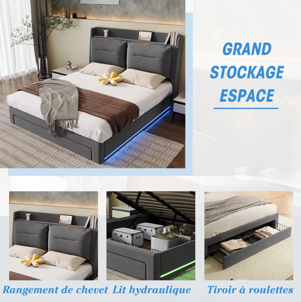 Letto matrimoniale 140x190 cm in velluto grigio scuro con contenitore; LED e testiera imbottita