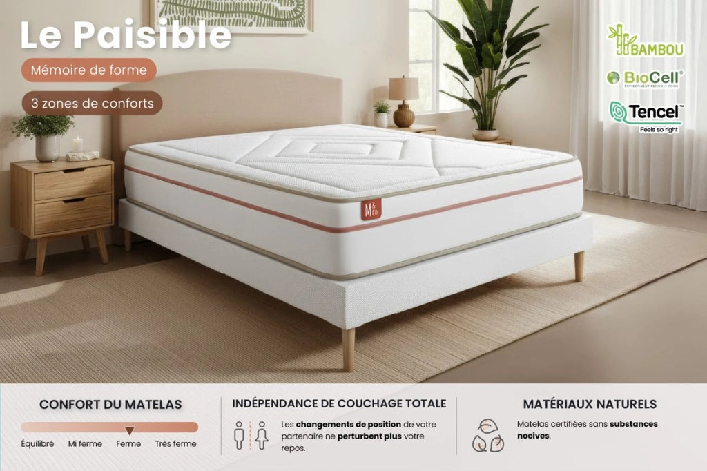 Pacchetto letto completo - Materasso 140x190cm + Box spring con doghe (kit) + 2 cuscini + Piumino - Le Paisible