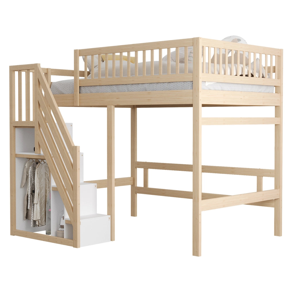Letto 140x200 cm con scala contenitore e protezione alta in legno colore naturale