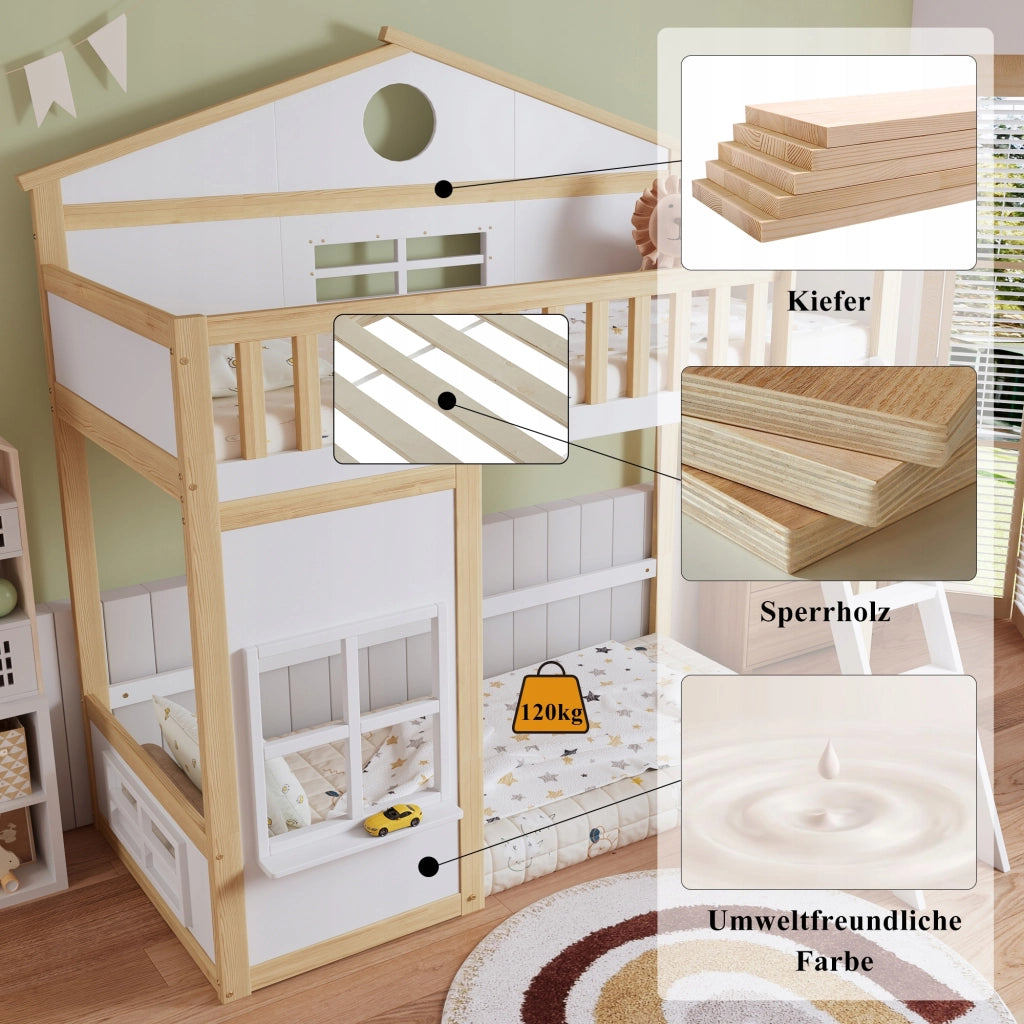 Letto a castello con tetto - Xylo - 90x200 - Bianco+Legno
