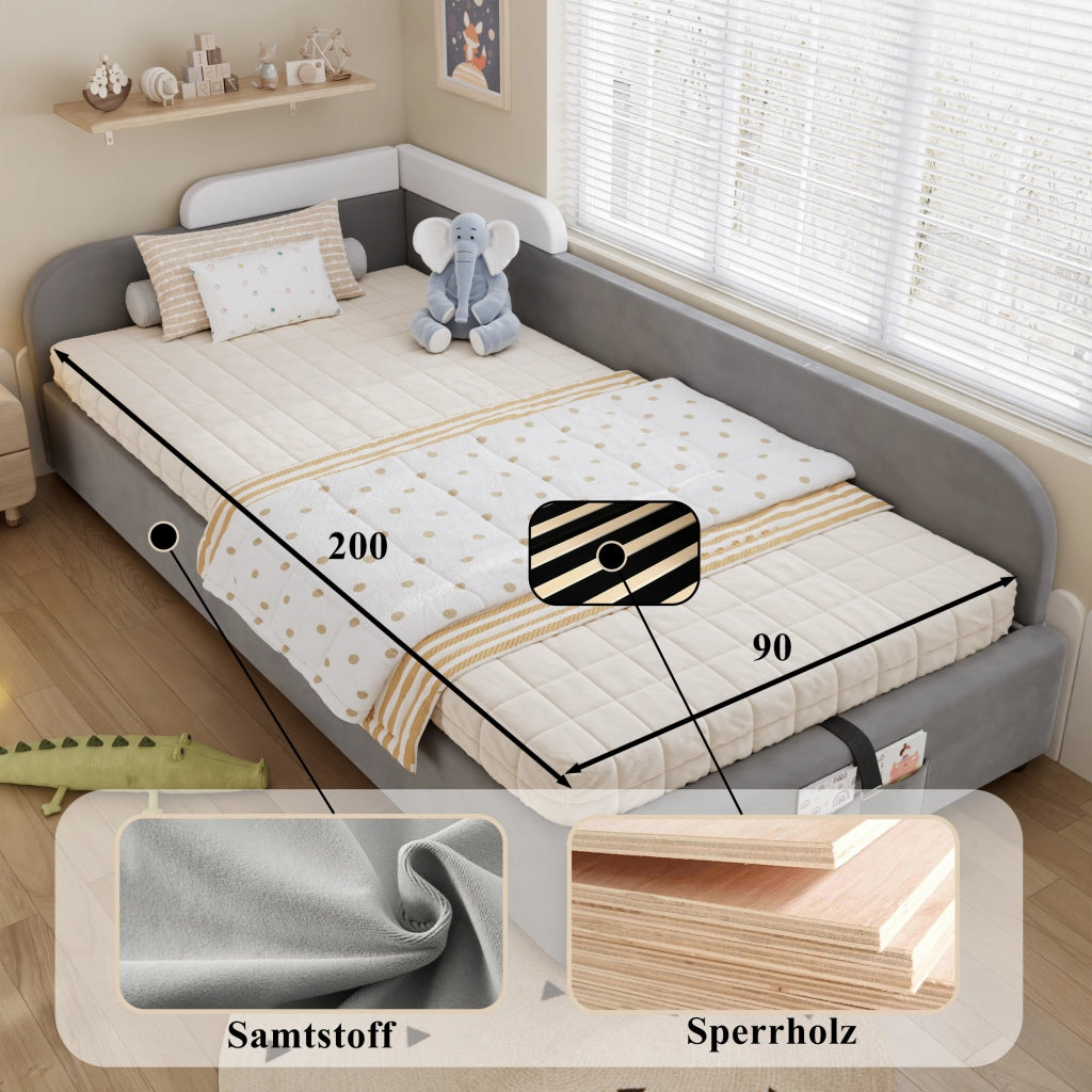DESMIU Letto per bambini 1 posto con vano contenitore, sponda imbottita e tasca portaoggetti 90 × 200 cm, senza materasso