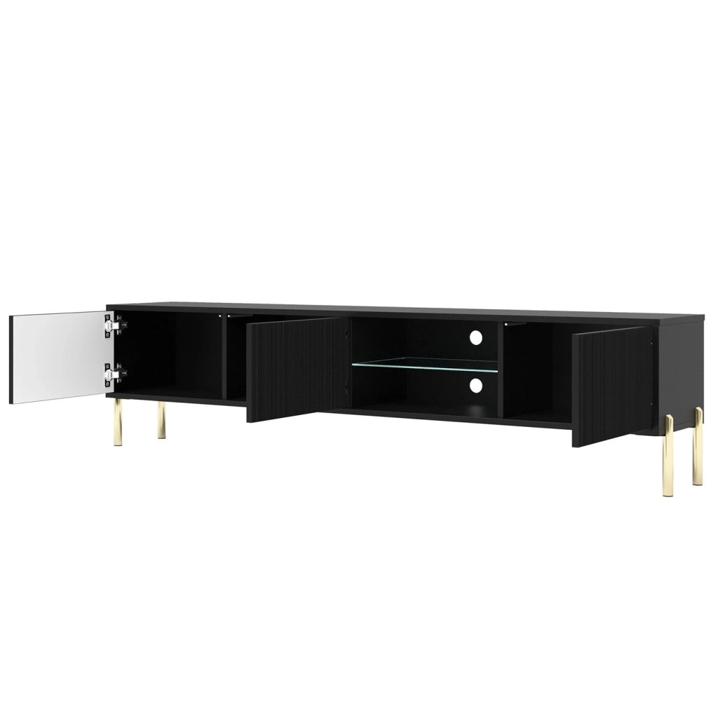 Mobile Porta TV Con 3 Ante A Doghe Verticali Vano Centrale Con Passacavi Design Moderno In Melaminico Per Soggiorno Salotto 175 X 31 X 47 Cm Nero
