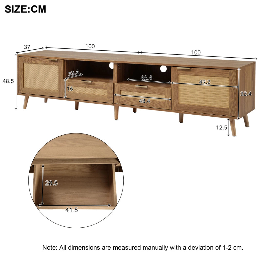 Mobile TV in rovere 200×37×49 cm con rattan sintetico e 2 cassetti