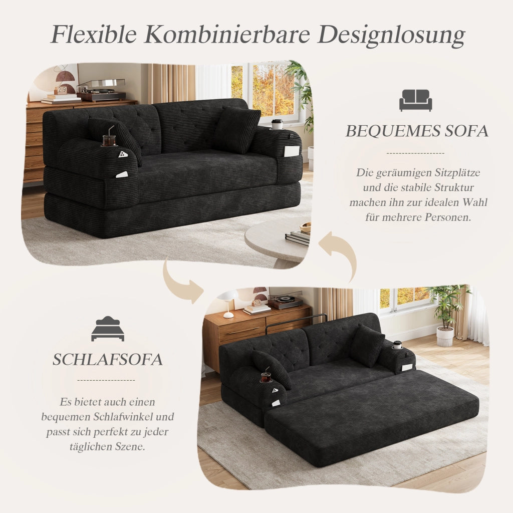 DIVANO LETTO 2 POSTI 168x80x81 cm in corduroy nero, con 4 tasche e 2 portabicchieri