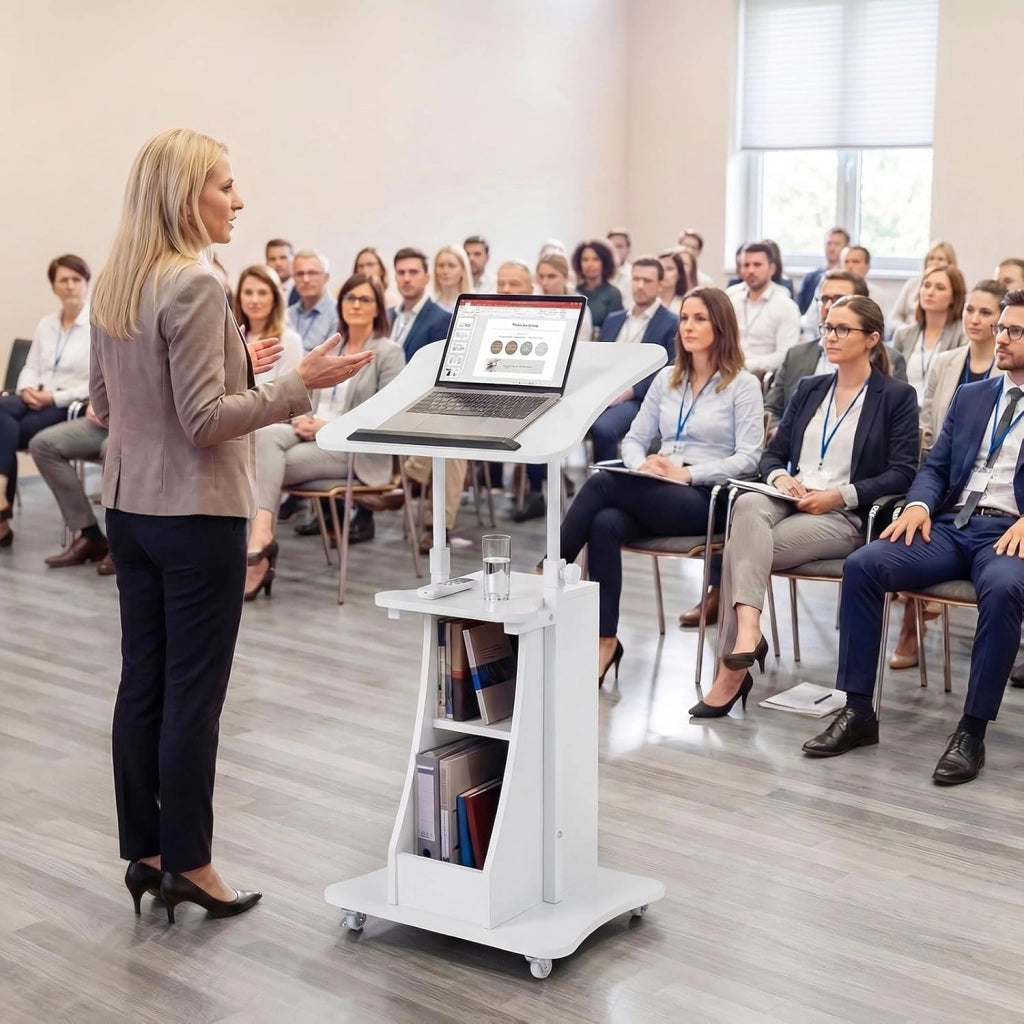 Leggio per Oratori, Podio per Conferenza con Ruote Bloccabile, Altezza Regolabile, Piano Ribaltabile e Armadietto Aperto, Leggio da Pulpito in Legno per Aula, Ufficio e Seminario (Bianco)