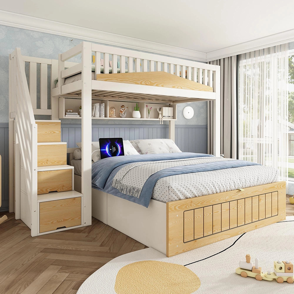 Letto a castello in legno per bambini - Xylo - 90x200 & 140x200 cm - Bianco e naturale - Con spazio di archiviazione idraulico, armadio con scala, barriera di sicurezza e porta USB-C