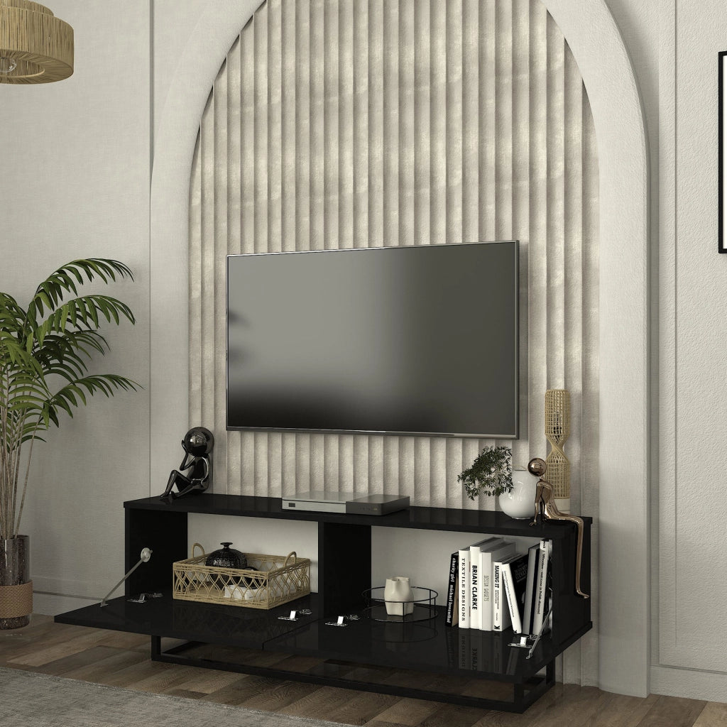 Mobile Porta TV Nolven a 2 Ante Ribalta e Telaio in Metallo 135x32x47 cm - Nero [en.casa]