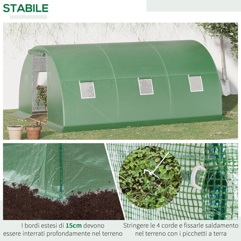 Serra a Tunnel 450x300x200 cm Porta Avvolgibile e 6 Finestre Verde