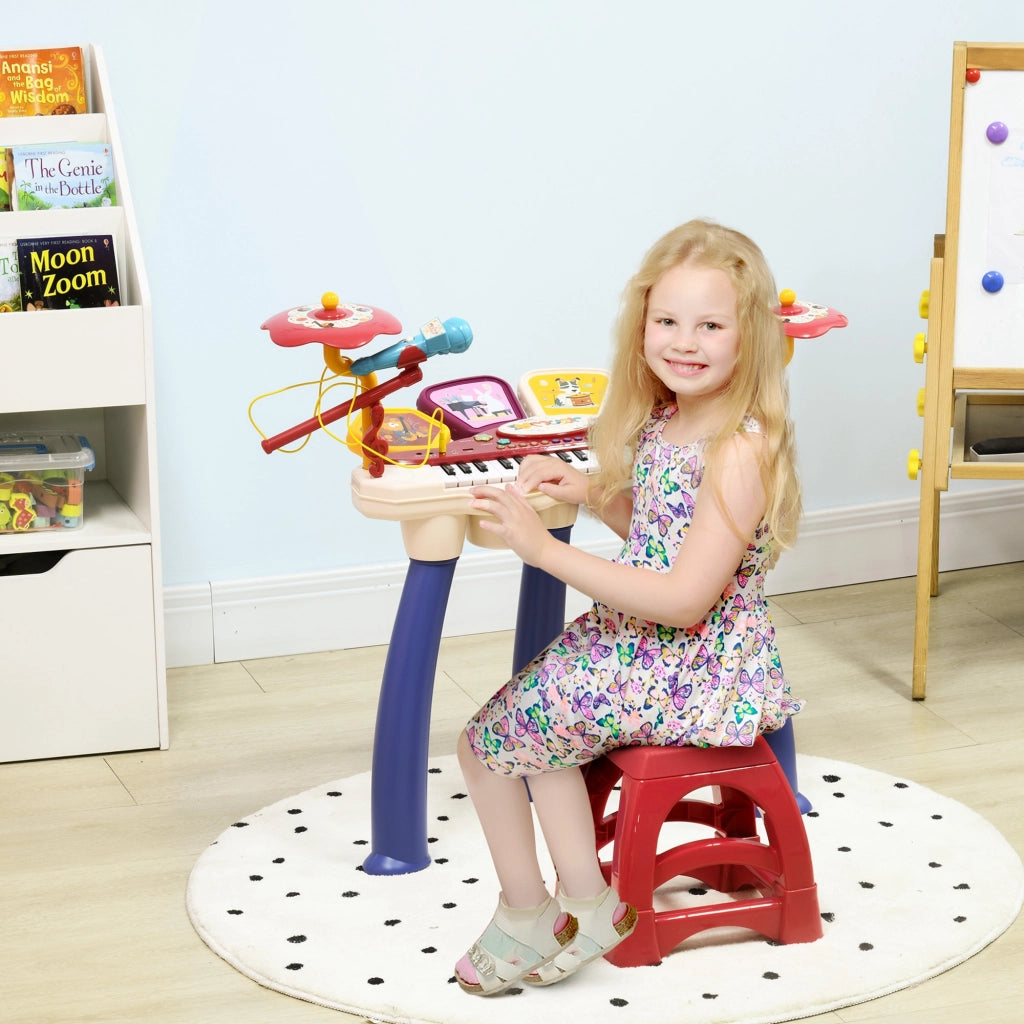 Pianola per Bambini 3-6 Anni con Sgabello, Microfono, Tamburo e Bacchette, in PP e ABS, 74x32.2x71 cm