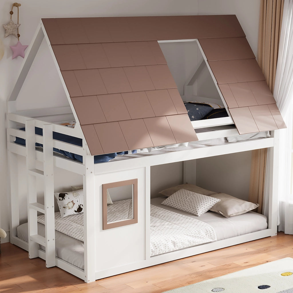 Letto a castello 140 × 200 cm con tetto e scala, sponde di sicurezza, senza materasso, in legno, marrone e bianco