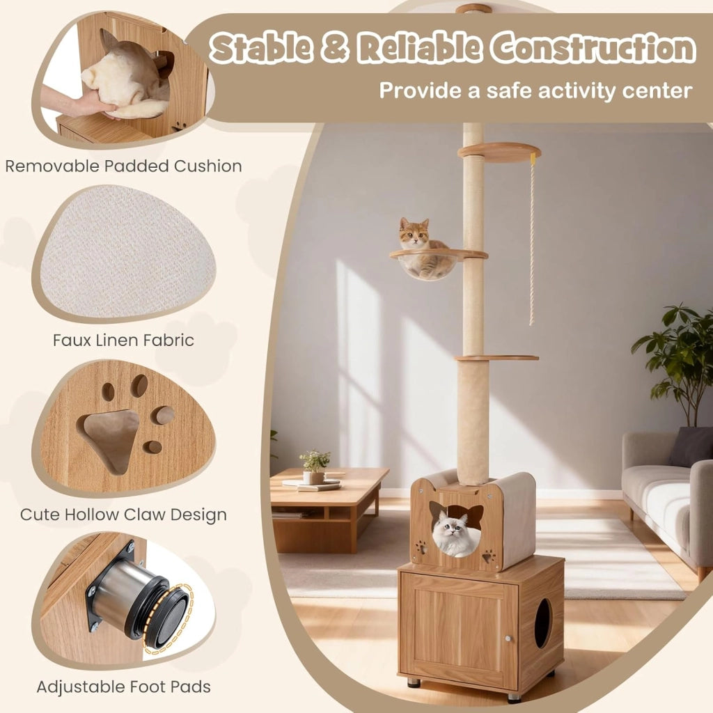 Tiragraffi alto a soffitto, altezza 256 – 275 cm, con armadietto per gatti, grotta, capsula stanza, colonna tiragraffi e corda in sisal, tenditore regolabile in altezza, albero da arrampicata