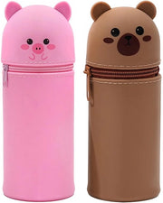 Porta matite per ragazze - 2 contenitori - borsa per penne kawaii - silicone morbido - rosa marrone - cartellino carino