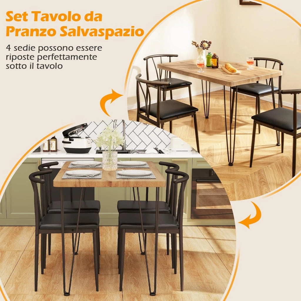Set da Tavolo e Sedie da Pranzo, Tavolo da Cucina Industriale con 4 Sedie Senza Braccioli con Seduta Imbottita, Schienale a Raggiera, Set 5 Pezzi Mobili Salvaspazio per Sala da Pranzo