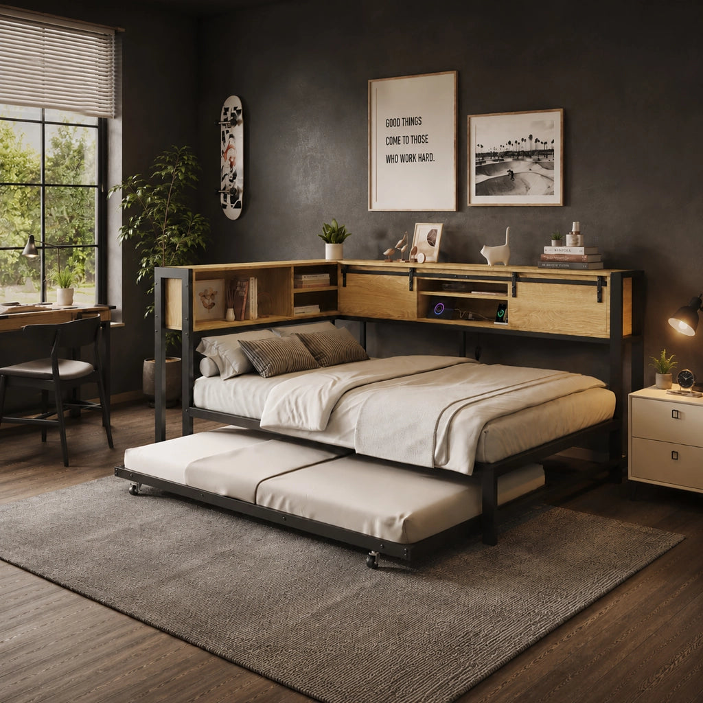 letto metallo legno nero naturale 120 x 200 cm
