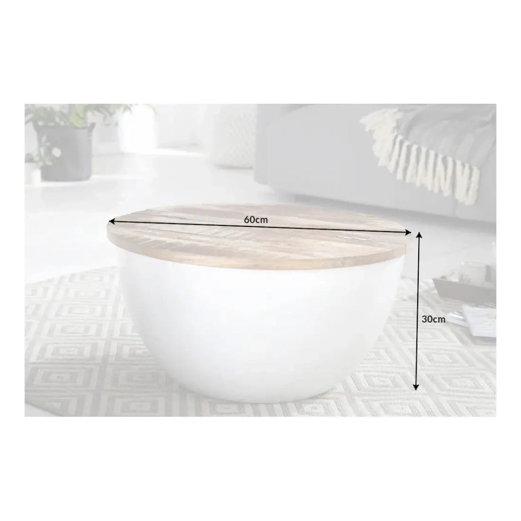 Tavolino basso TRIANE 60 cm con contenitore – Piano in legno di mango e struttura in metallo bianco opaco