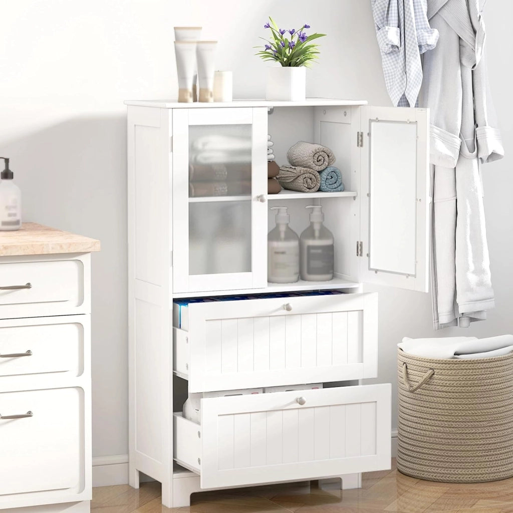 Mobile da Bagno con 2 Cassetti e Armadi a 2 Ante, Mobile Portaoggetti su Piedistallo Regolabile, Armadio Verticale con Dispositivo Antiribaltamento, 60 x 30 x 108 cm, Bianco