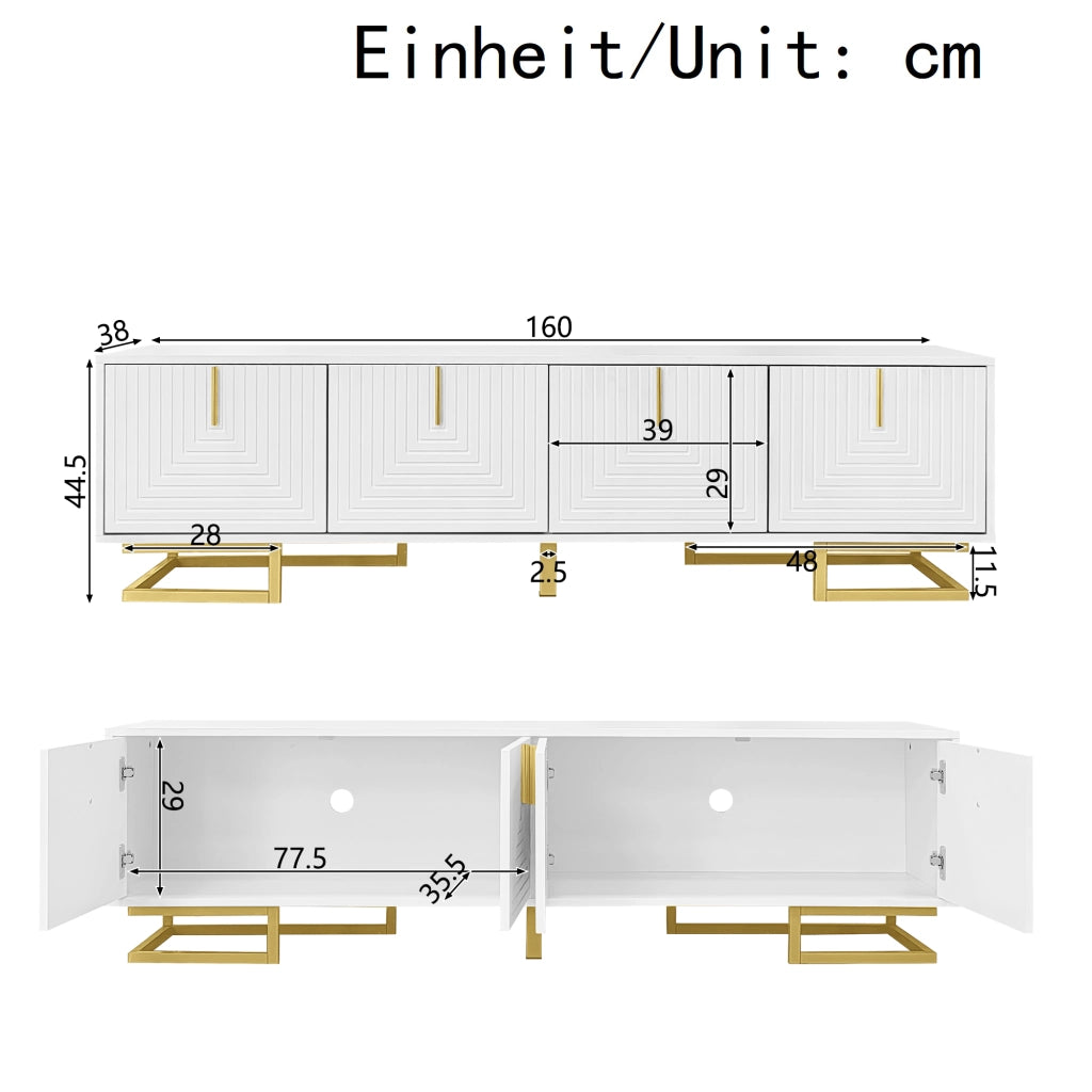 OKWISH Mobile TV con 4 Ante e Ripiani Interni, Cerniere Ammortizzate e Piedini Regolabili, per Soggiorno, Bianco, 160 x 38 x 44,5 cm