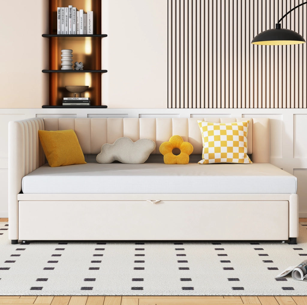 Divano letto a L estraibile 90x200 cm in velluto beige
