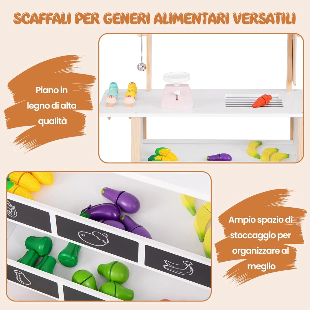 Carretto dei Gelati in Legno per Bambini, con 6 Gelati Giocattolo, Bilancia a Forma di A, Campanello Funzionante, Gelateria per Bambini + 3 Anni, 79 x 29 x 100 cm (Bianco)